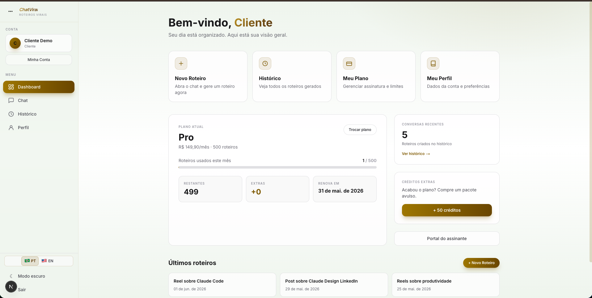 Chat Viral — Dashboard do cliente