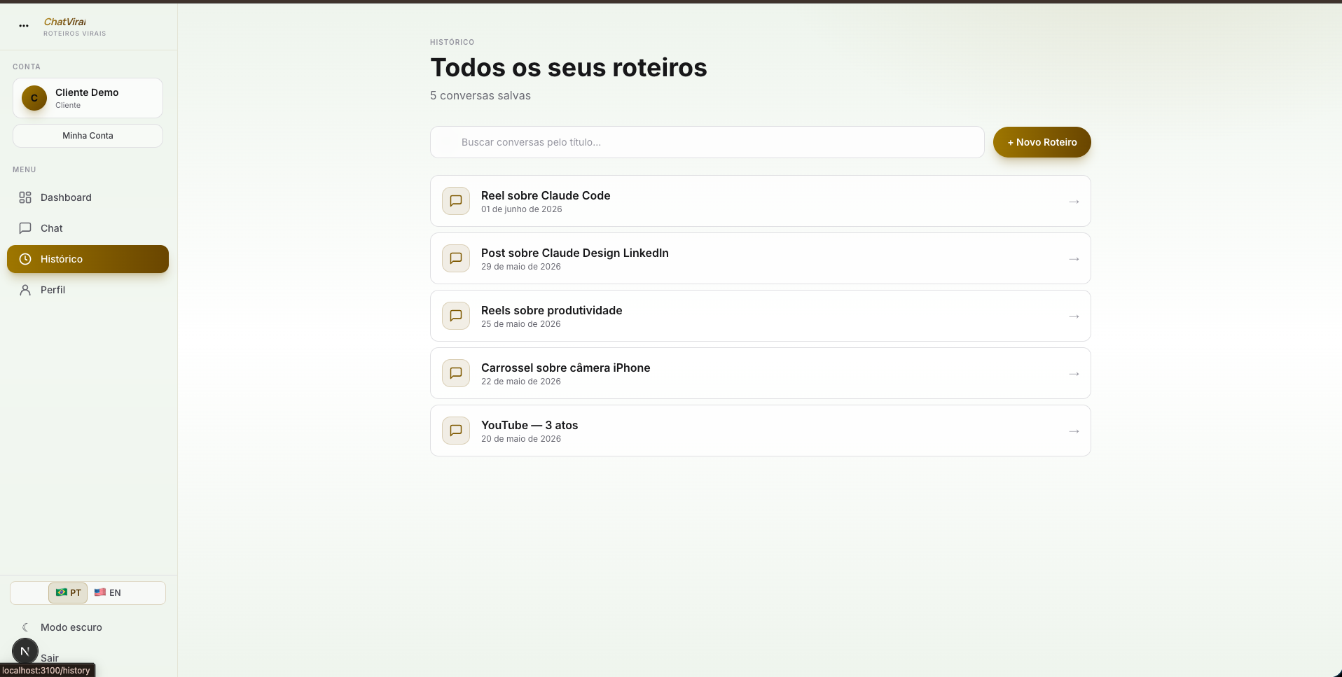 Chat Viral — Histórico